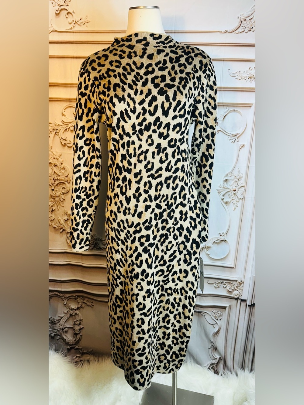 Nina Leonard Leopard Print Midi Dress in Beige and Black - Picture 6 of 7